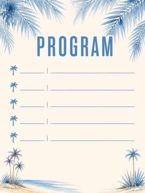 Program / agenda in the Blue Watercolor Palm Summer Soiree design