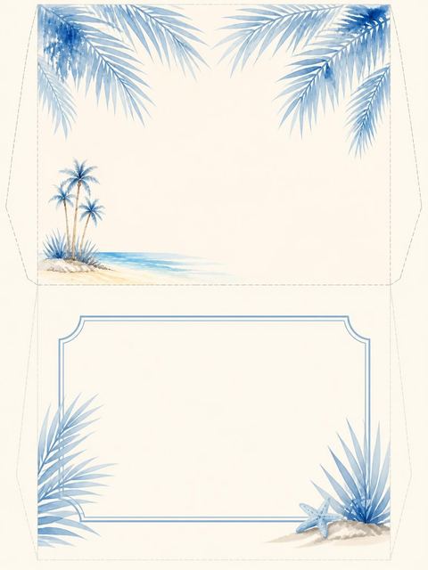 Place card in the Blue Watercolor Palm Summer Soiree design