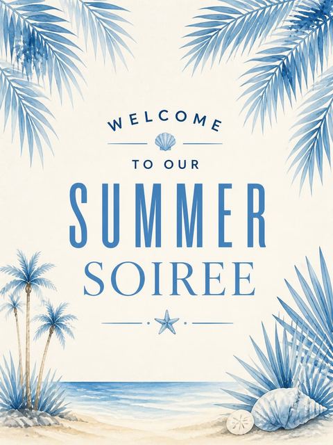 Welcome sign in the Blue Watercolor Palm Summer Soiree design