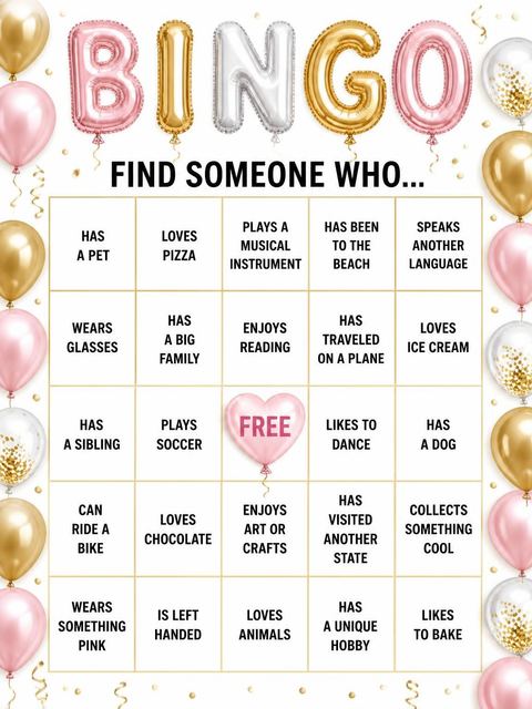 Bingo grid in the Metallic Balloon 8th Birthday Invitation design