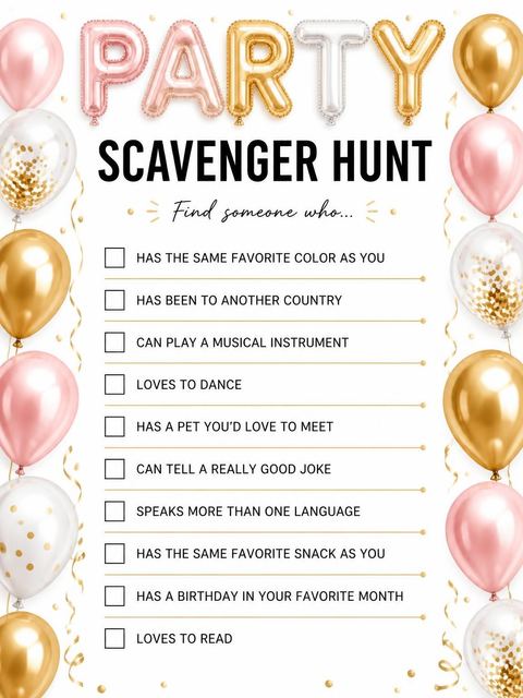 Scavenger hunt in the Metallic Balloon 8th Birthday Invitation design
