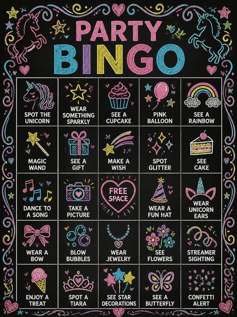 Bingo grid in the Chalkboard Pastel Unicorn 5th Birthday Invite design