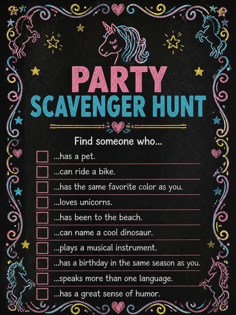 Scavenger hunt in the Chalkboard Pastel Unicorn 5th Birthday Invite design