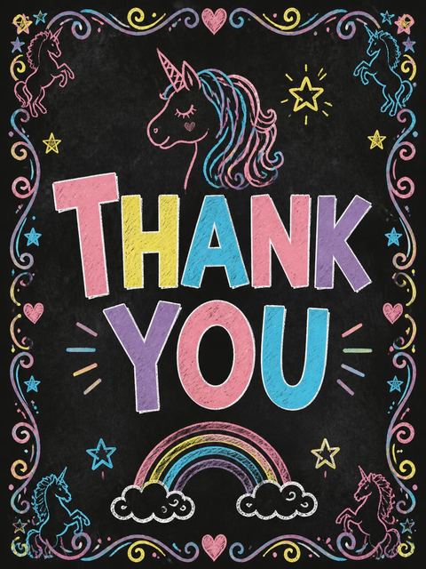 Thank-you flat in the Chalkboard Pastel Unicorn 5th Birthday Invite design
