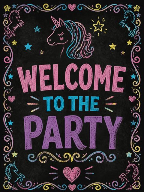 Welcome sign in the Chalkboard Pastel Unicorn 5th Birthday Invite design