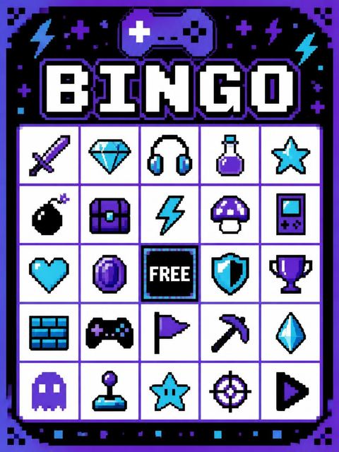 Bingo grid in the Purple Cyan Pixel Arcade 8th Birthday design