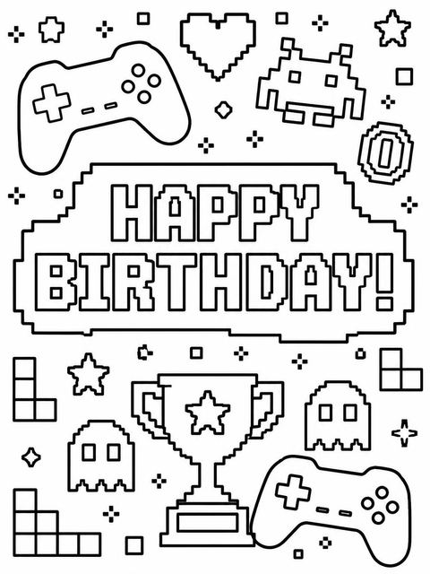 Coloring sheet in the Purple Cyan Pixel Arcade 8th Birthday design
