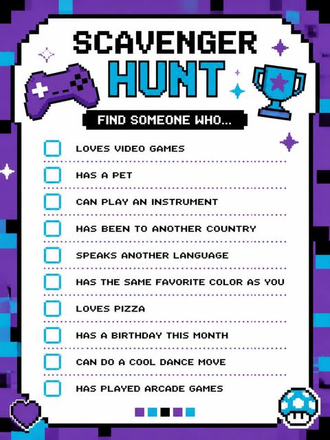 Scavenger hunt in the Purple Cyan Pixel Arcade 8th Birthday design
