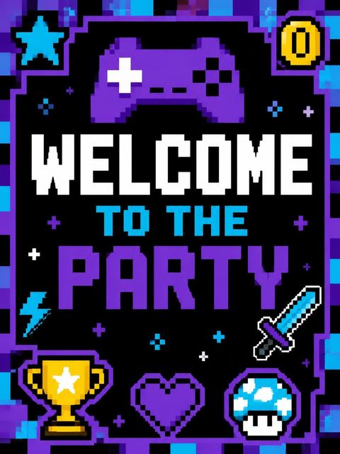 Welcome sign in the Purple Cyan Pixel Arcade 8th Birthday design