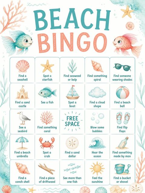 Bingo grid in the Watercolor Fish Coral Beach Party design
