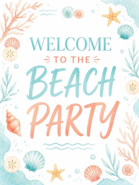 Welcome sign in the Watercolor Fish Coral Beach Party design