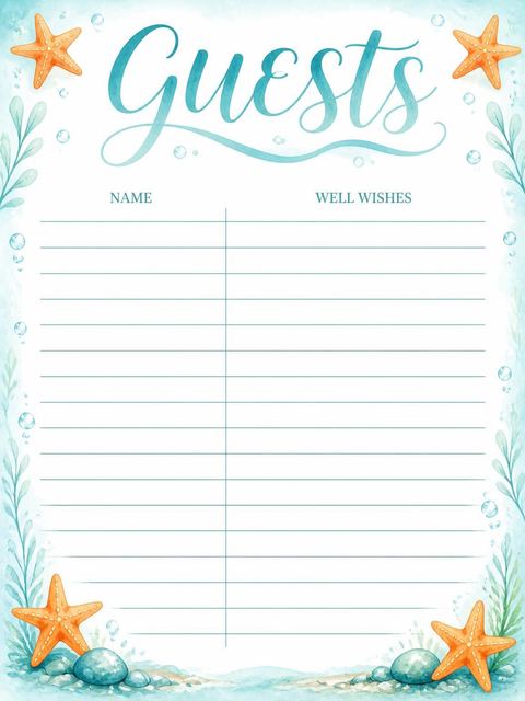 Guest sign-in sheet in the Watercolor Goldfish 2nd Birthday Invitation design