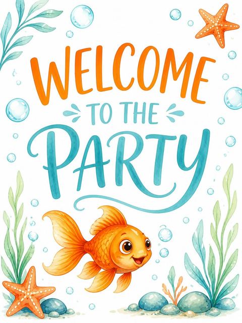 Welcome sign in the Watercolor Goldfish 2nd Birthday Invitation design