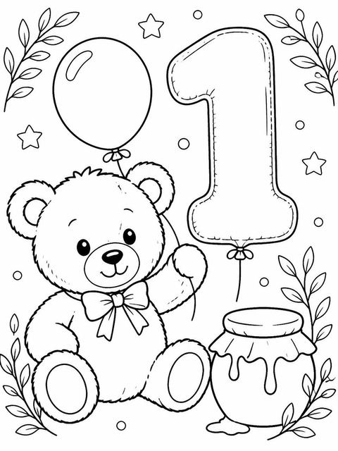 Coloring sheet in the Watercolor Teddy Bear 1st Birthday design