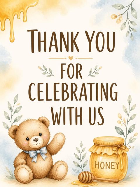 Thank-you flat in the Watercolor Teddy Bear 1st Birthday design