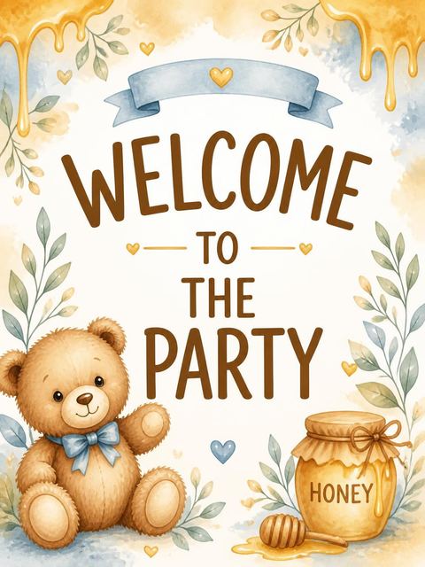 Welcome sign in the Watercolor Teddy Bear 1st Birthday design