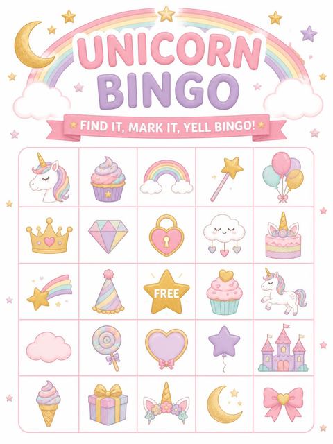 Bingo grid in the Magical Rainbow Unicorn 7th Birthday Celebration design