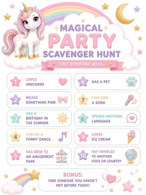 Scavenger hunt in the Magical Rainbow Unicorn 7th Birthday Celebration design