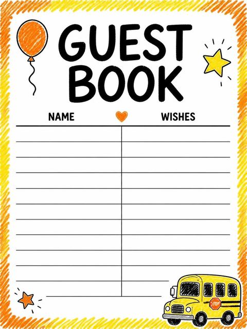 Guest sign-in sheet in the Crayon School Bus Birthday Invitation design