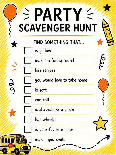 Scavenger hunt in the Crayon School Bus Birthday Invitation design
