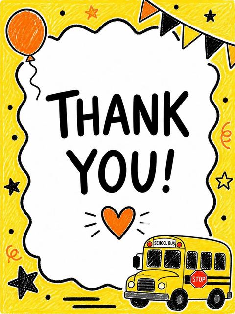 Thank-you flat in the Crayon School Bus Birthday Invitation design