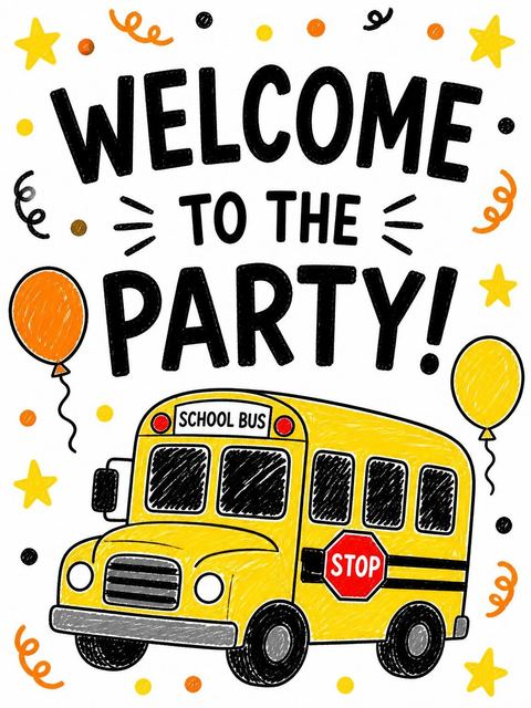 Welcome sign in the Crayon School Bus Birthday Invitation design