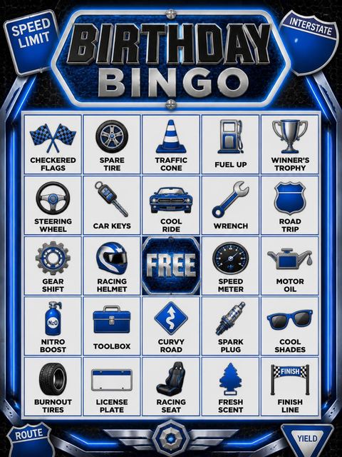 Bingo grid in the Chrome Road Sign Sweet 16 design