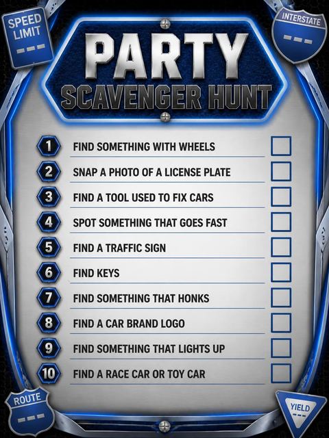 Scavenger hunt in the Chrome Road Sign Sweet 16 design