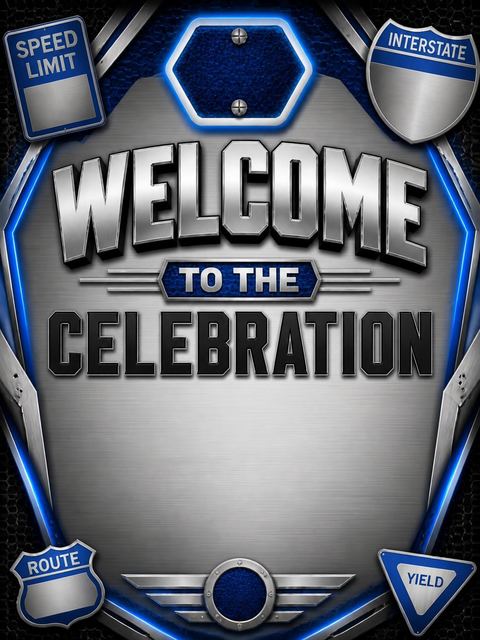 Welcome sign in the Chrome Road Sign Sweet 16 design