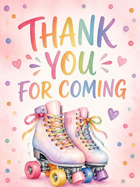 Thank-you flat in the Pastel Roller Skate 3rd Birthday design