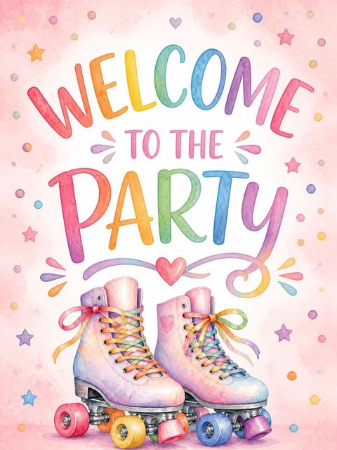 Welcome sign in the Pastel Roller Skate 3rd Birthday design