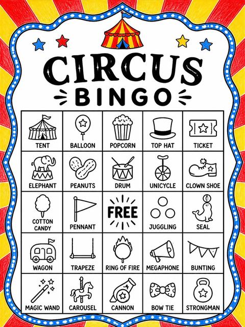 Bingo grid in the Crayon Circus Tent 4th Birthday design