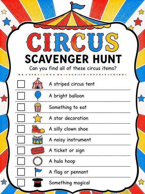 Scavenger hunt in the Crayon Circus Tent 4th Birthday design