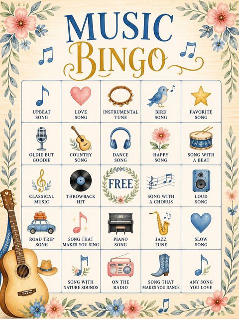 Bingo grid in the Watercolor Acoustic Guitar 5th Birthday design
