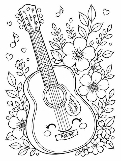 Coloring sheet in the Watercolor Acoustic Guitar 5th Birthday design