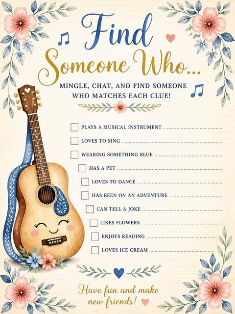 Scavenger hunt in the Watercolor Acoustic Guitar 5th Birthday design