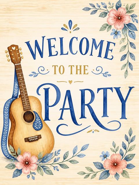 Welcome sign in the Watercolor Acoustic Guitar 5th Birthday design