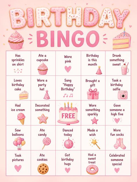 Bingo grid in the Two Sweet Donut Birthday design