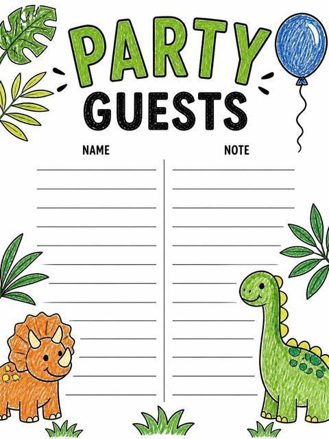 Guest sign-in sheet in the Crayon Dinosaur Tropical 1st Birthday design