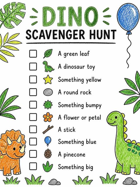 Scavenger hunt in the Crayon Dinosaur Tropical 1st Birthday design
