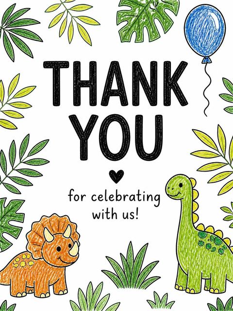 Thank-you flat in the Crayon Dinosaur Tropical 1st Birthday design