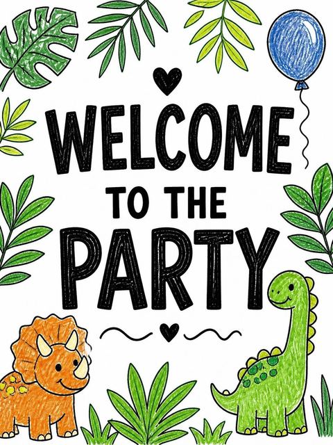 Welcome sign in the Crayon Dinosaur Tropical 1st Birthday design