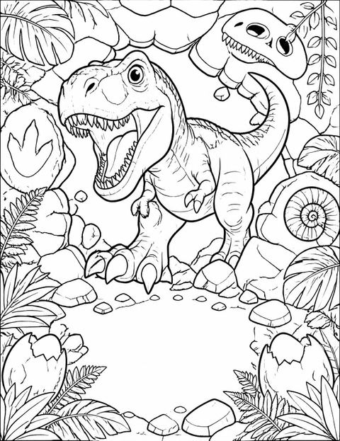 Coloring sheet in the 3D Stone Jurassic Dinosaur 2nd Birthday design
