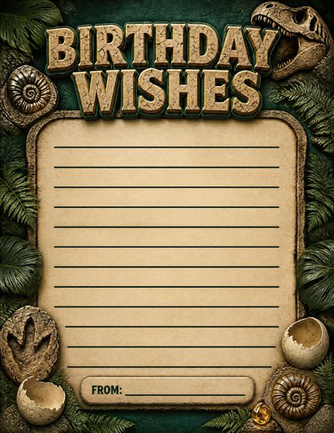 Wishes page in the 3D Stone Jurassic Dinosaur 2nd Birthday design