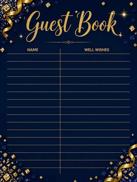 Guest sign-in sheet in the Navy Gold Confetti 60th Birthday design