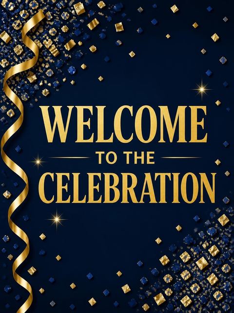 Welcome sign in the Navy Gold Confetti 60th Birthday design