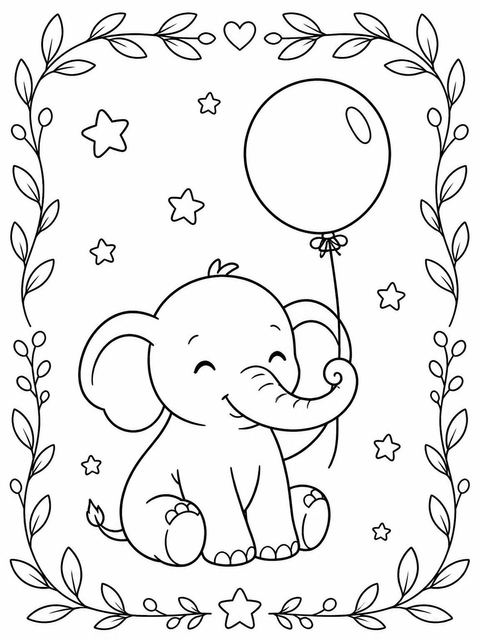 Coloring sheet in the Sage Watercolor Elephant 1st Birthday design