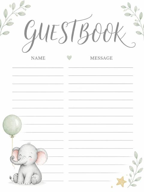Guest sign-in sheet in the Sage Watercolor Elephant 1st Birthday design