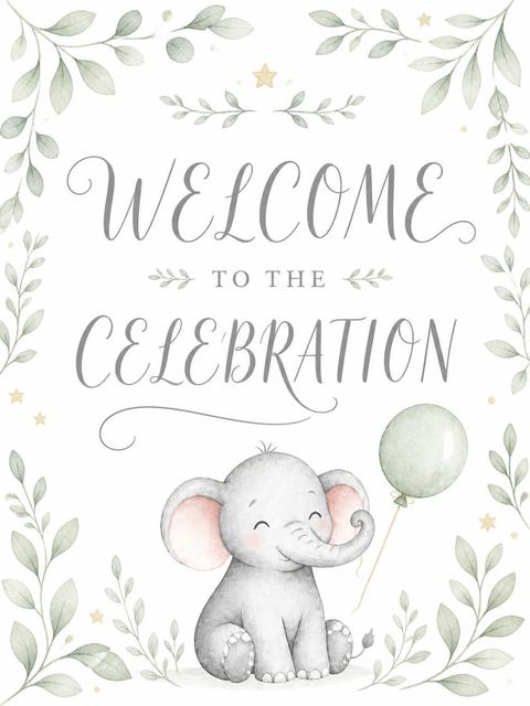 Welcome sign in the Sage Watercolor Elephant 1st Birthday design