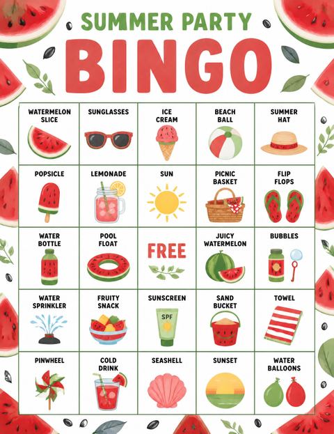 Bingo grid in the Watercolor Watermelon Slice 1st Birthday design